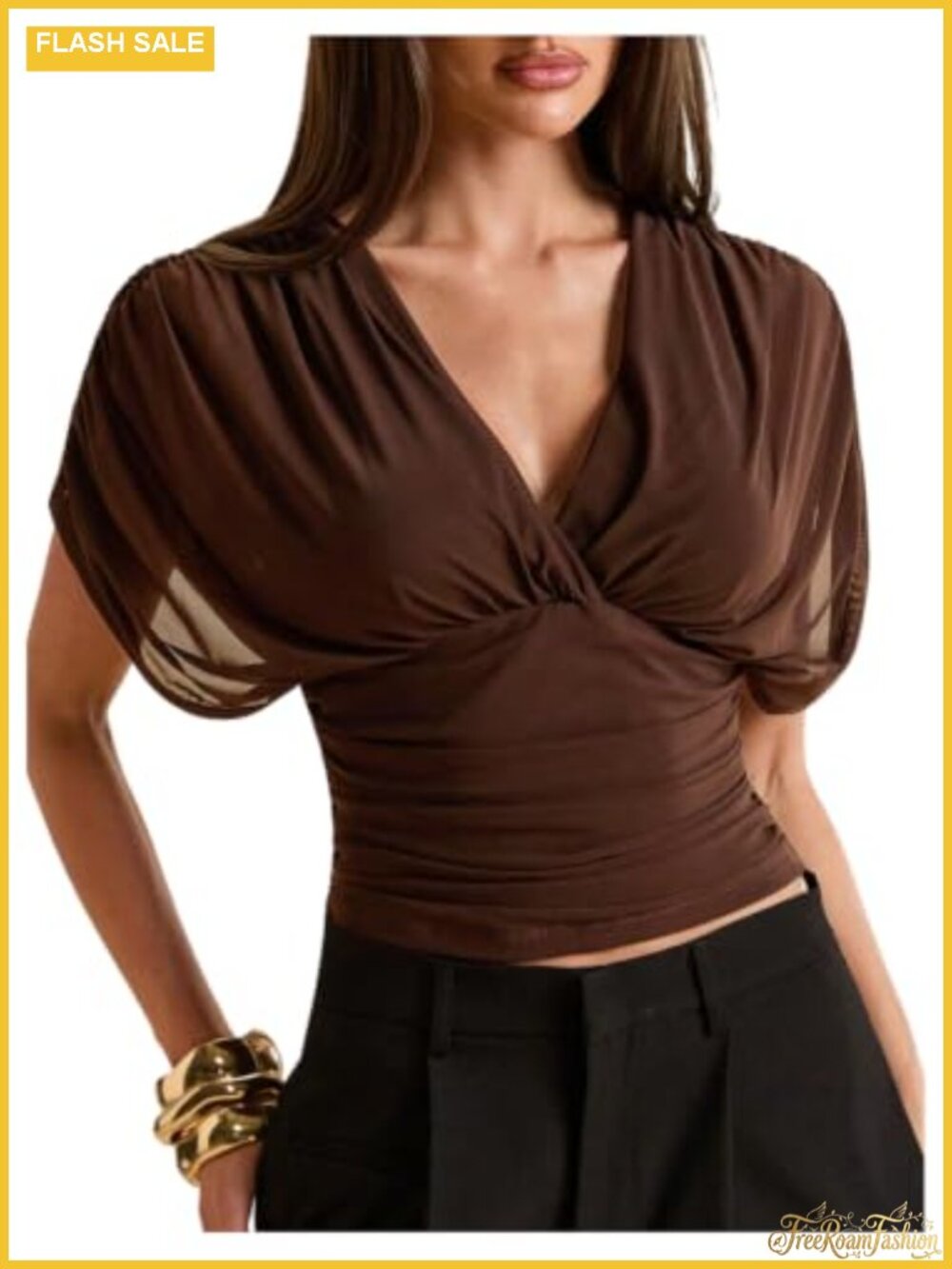 Women's Wrap Top Mesh Cinched Waist Short Sleeve V-Neck Slim Fit Going Out Tops